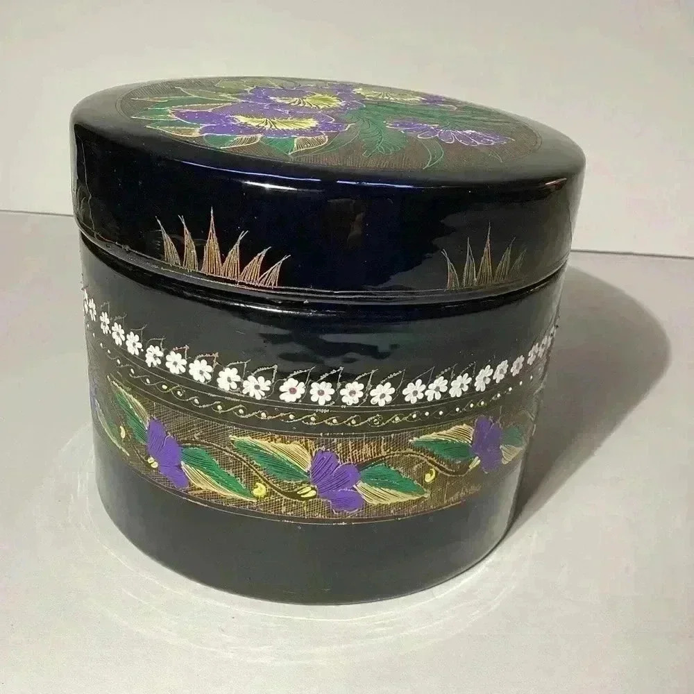 Wood Lacquer Box Hand Painted Jewerly Box 3D Floral Trinket Box Round Wooden Box